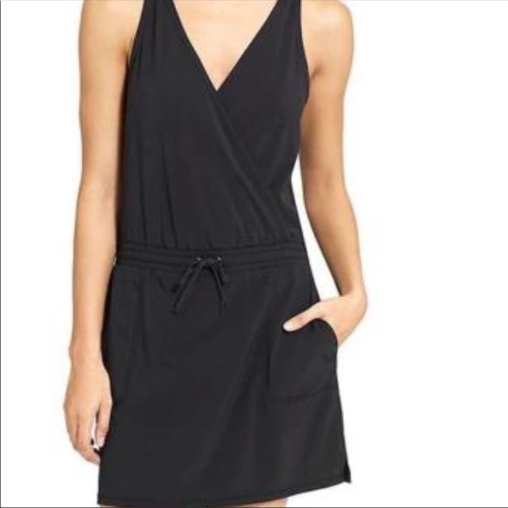 Athleta Black Sleeveless Wrap-Front Drawstring Dress